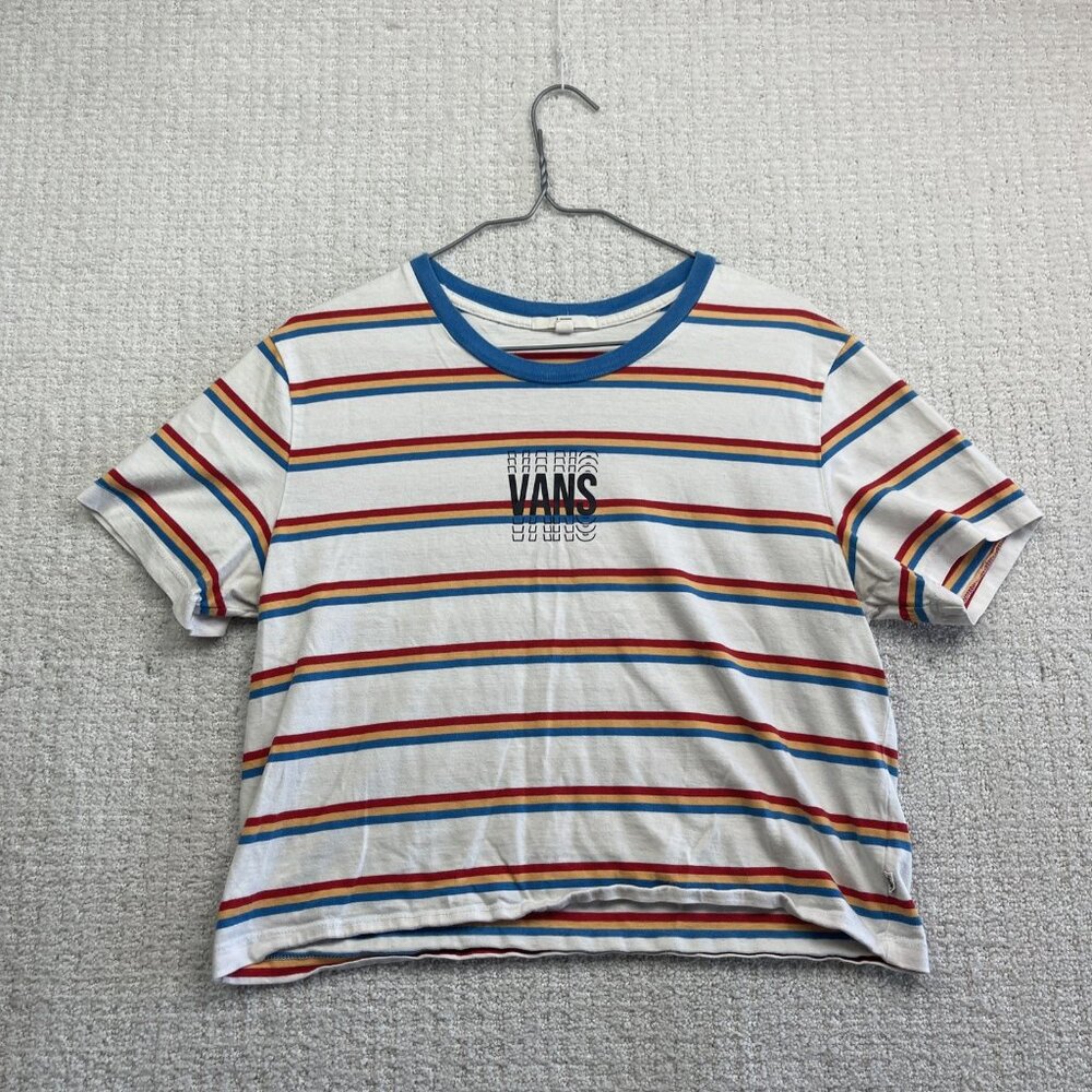 Vans Womens Colorful Striped Short Sleeve Cropped T-Shirt Size L Retro Skater